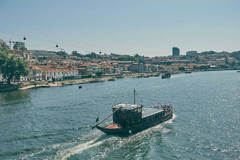 porto, portugal, cable car, boat, river, summer, tree, sun