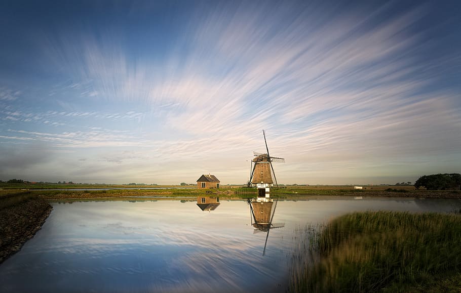 netherlands, texel, landscape, mill, lake, clouds, windmill HD wallpaper