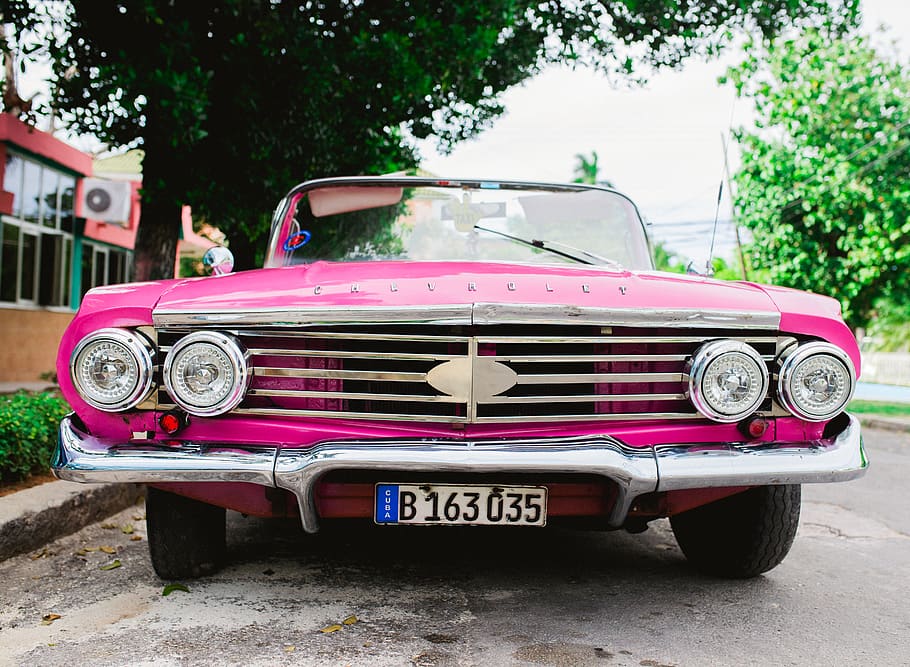 pink car, automobile, convertible, vehicle, transportation, spoke HD wallpaper