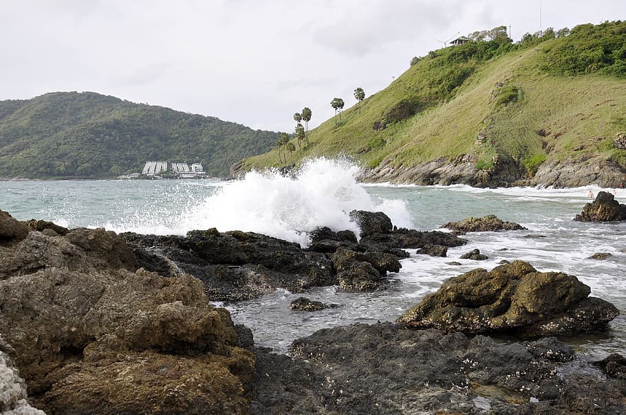 thailand, phuket, waves, nature, green, cloudy, rocks, sea HD wallpaper