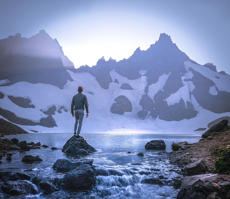Man Standing On Stone, adventure, cold, landscape, mountain, nature HD wallpaper