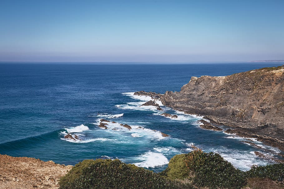 coastline, see, ocean, sky, nature, summer, vacation, rocks HD wallpaper