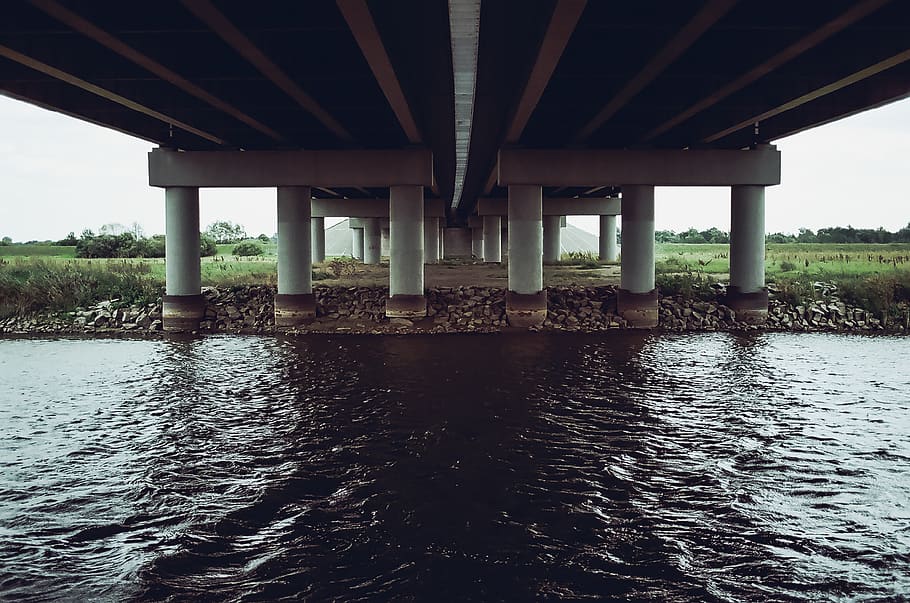 water, bridge, poland, river, rzeka, warta, most, trawa, analog HD wallpaper