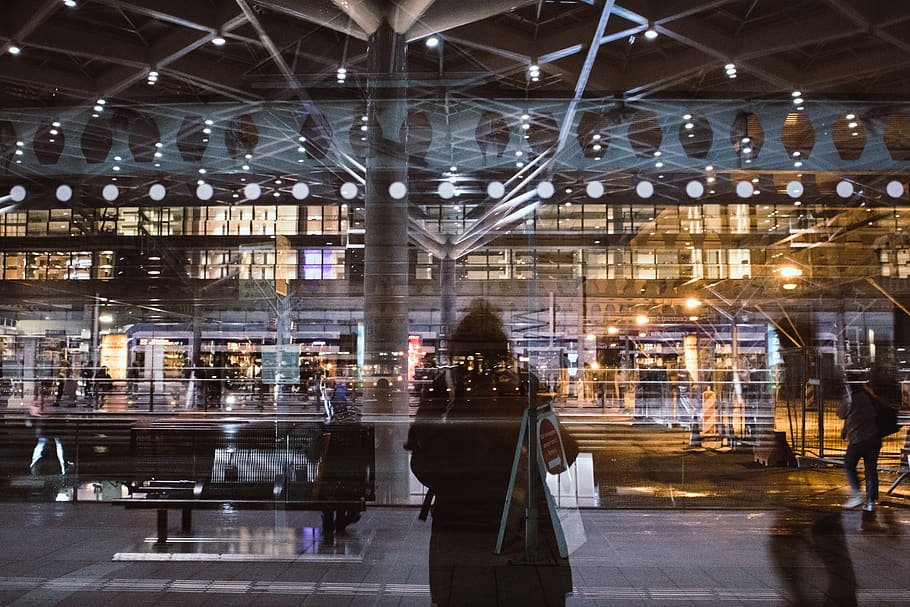 people walking on sidewalk, illuminated, business, indoors, architecture HD wallpaper