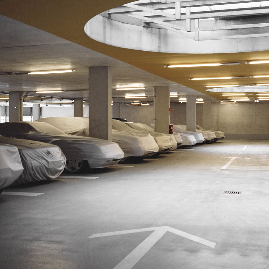 vehicles parked with covers, indoors, architecture, parking lot HD wallpaper