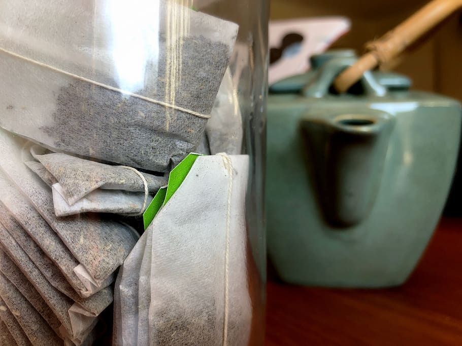 green, tea bag, tea pot, indoors, no people, close-up, focus on foreground HD wallpaper