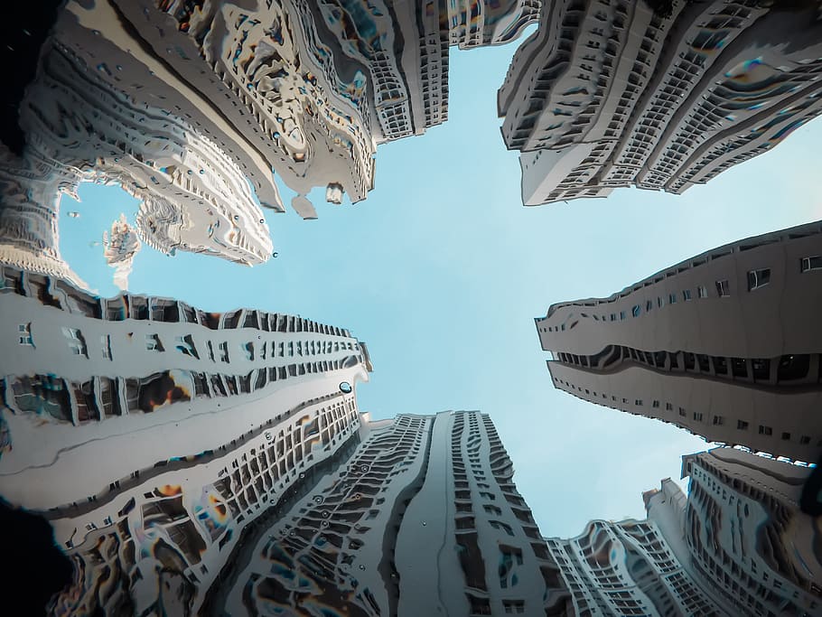 low-angle photography of high-rise buildings, puddle, refletion HD wallpaper