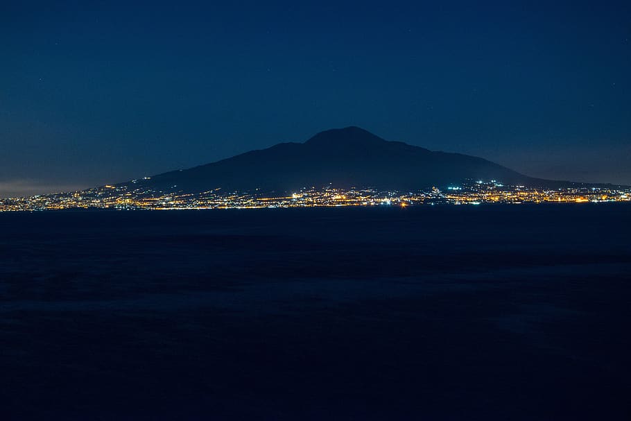 italy, sorrento, napoli, volcano, city, night, illuminated