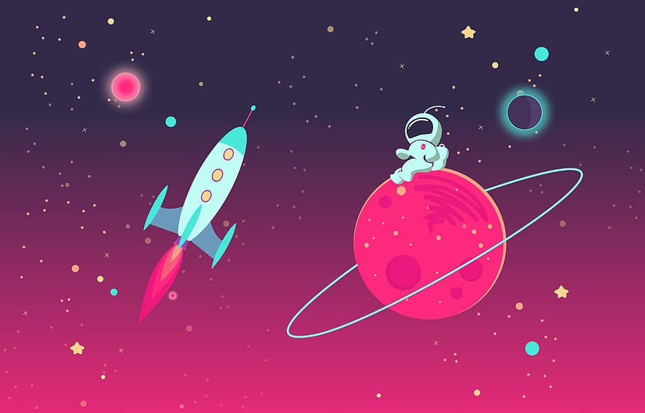 Cartoon Astronaut on Planet and Rocket in Outer Space, background