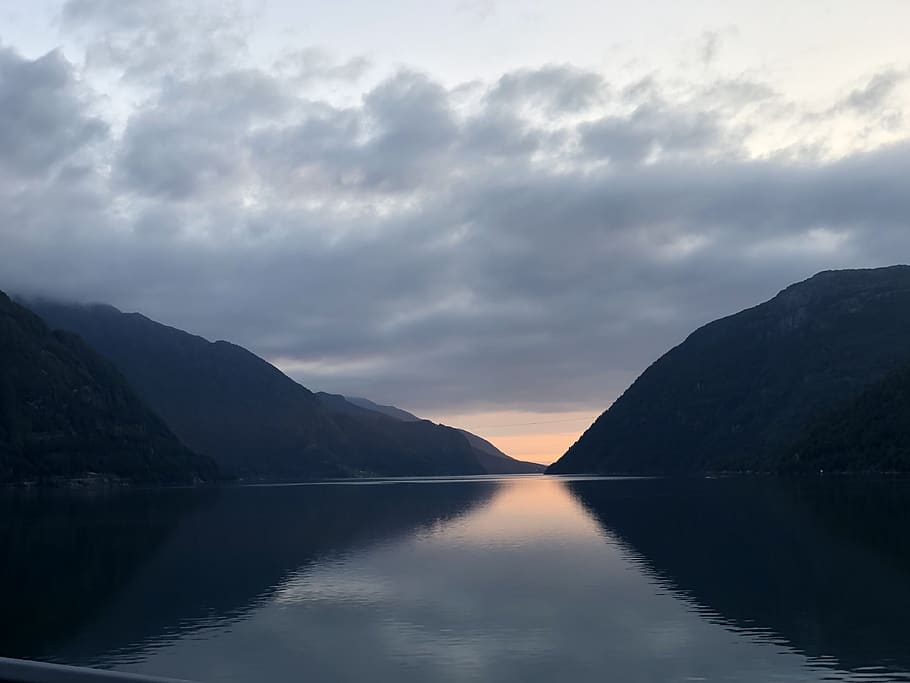 sunset, mountain, peek, water, lake, ocean, fjord, peaceful HD wallpaper