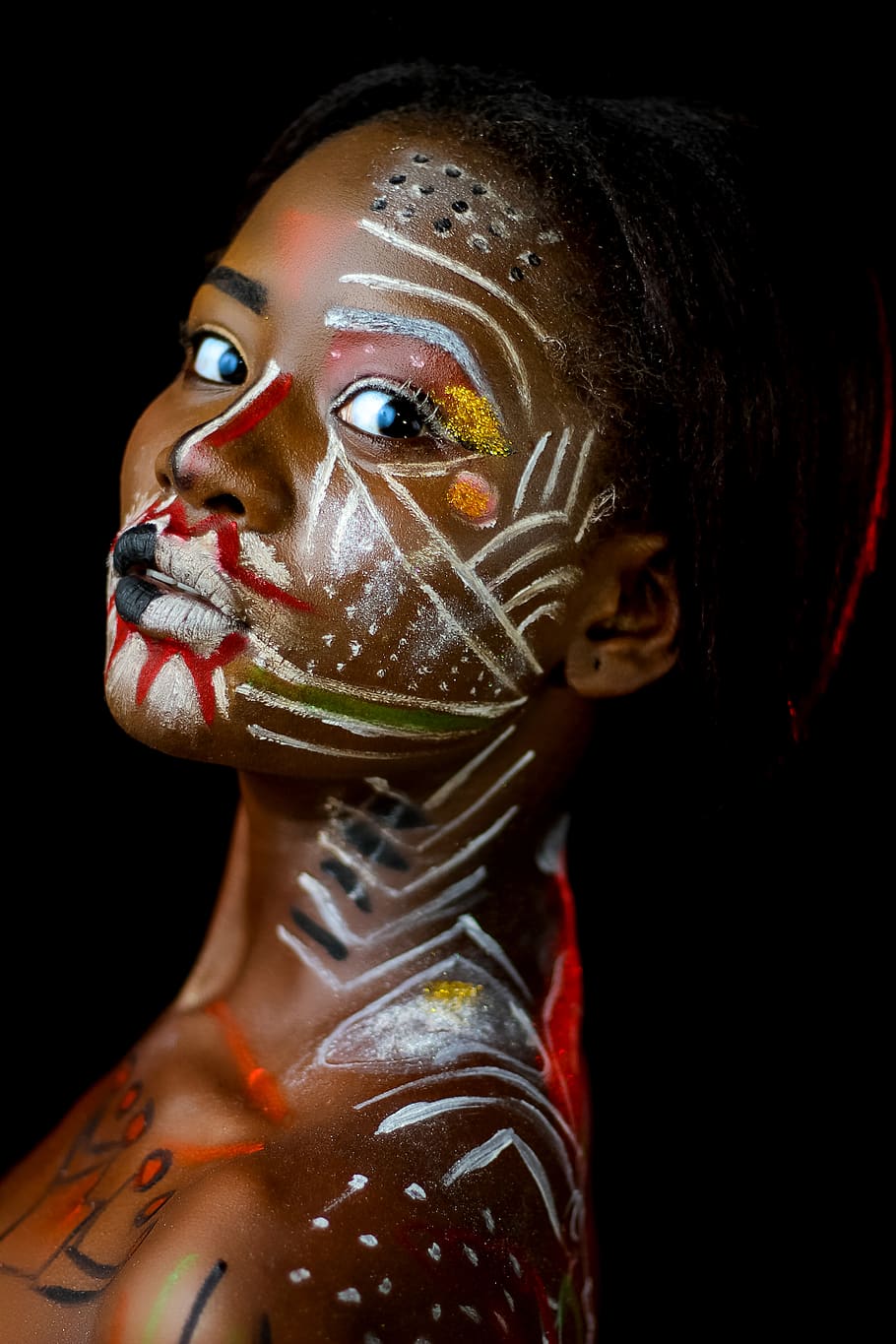 Woman with Face and Body Paint, art, beautiful, beauty, black background
