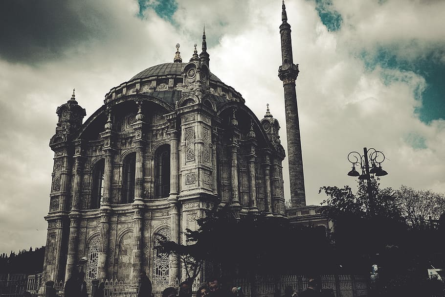 sky, cloud, clouds, mosque, trees, structure, hdr, city, dark HD wallpaper