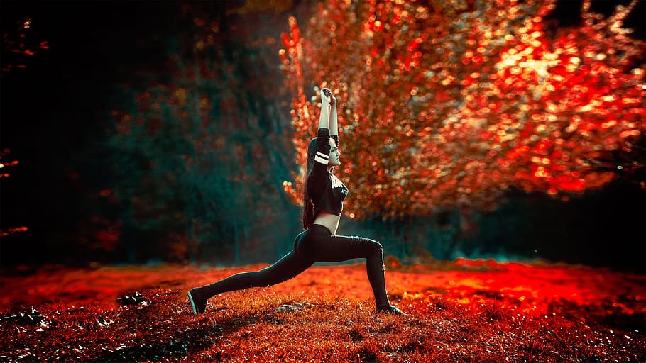 Woman Doing Yoga Near Tree, action, adult, athletic, backlit