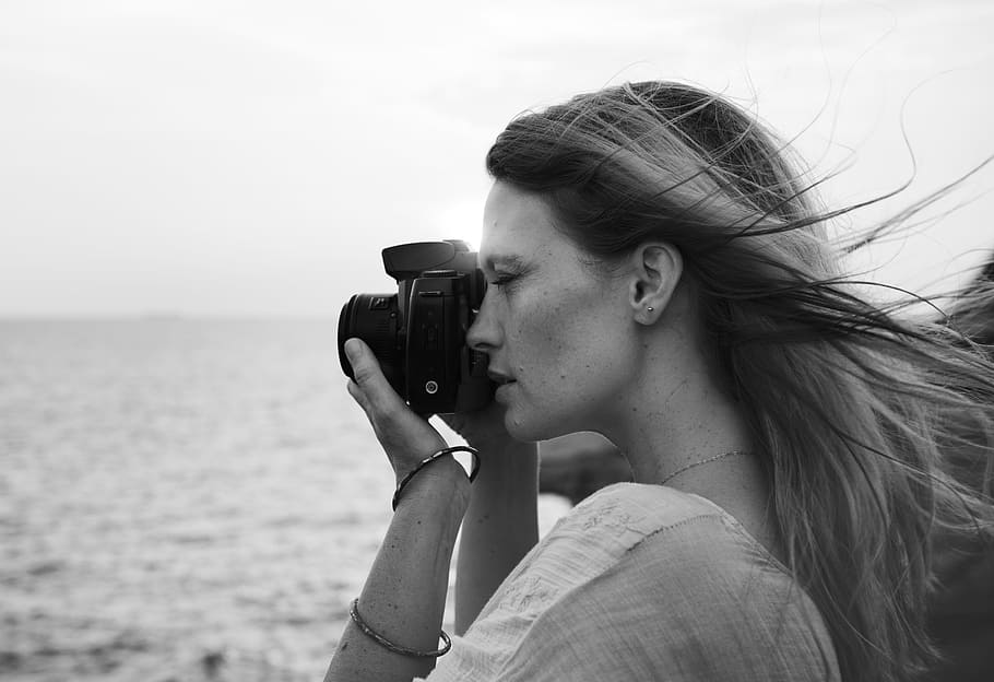 woman, camera, sea, photographer, traveler, holiday, summer, HD wallpaper