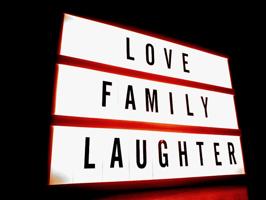 White and Red Led Signage With Love Family Laughter Text, black background HD wallpaper