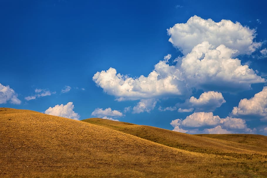 agriculture, blue, cloud, cloudscape, field, hill, horizon HD wallpaper