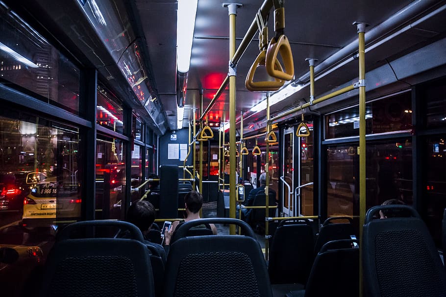passenger bus interior, light, dark, glow, composition, traffic