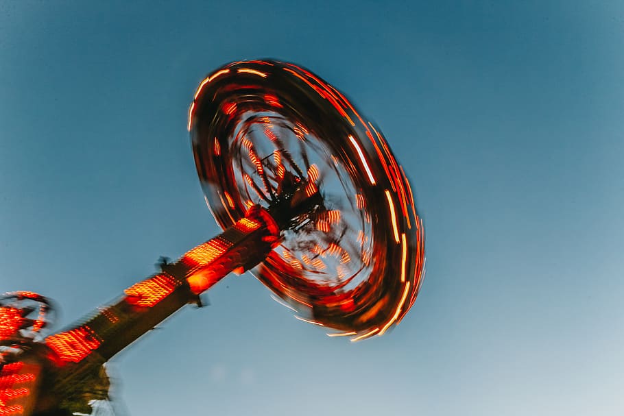 Lighted Wheel, blue, blue sky, blur, bright, carnival, colorful HD wallpaper