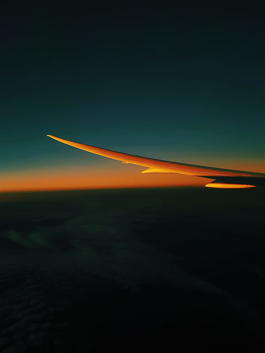 aerial photography of plane wing, sky, sunset, sunrise, night HD wallpaper