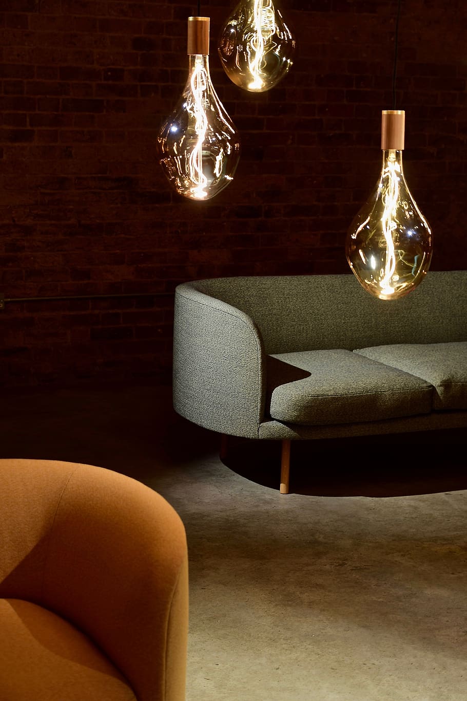 warehouse, brick wall, lighting, light bulbs, chairs, sofas HD wallpaper