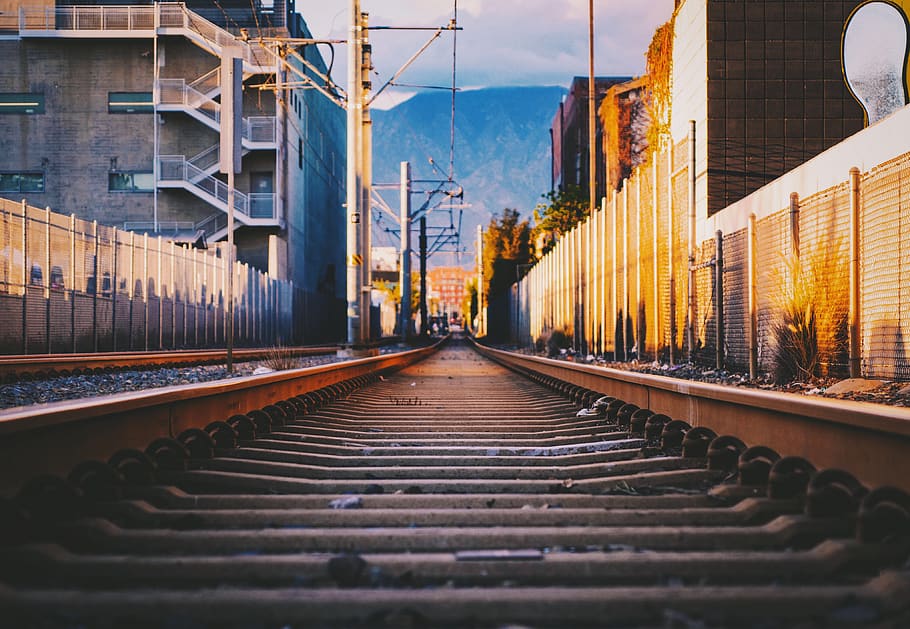 train rail painting, town, city, urban, road, building, street HD wallpaper