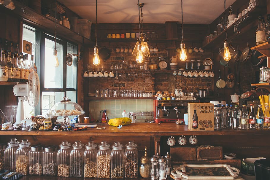 Lighted Pendant Lights Inside Bar, bottles, commerce, container HD wallpaper
