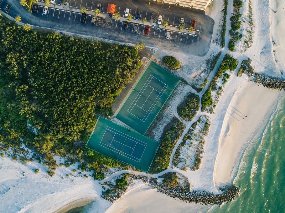 Aerial Photo of Tennis Courts, aerial view, beach, cars, green