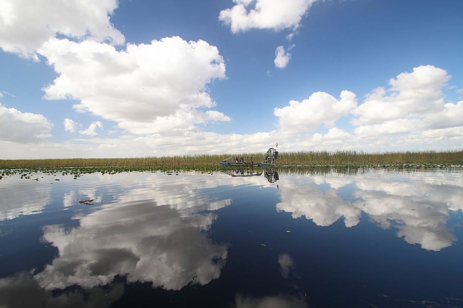 united states, everglades national park, airboat, clouds, water, HD wallpaper