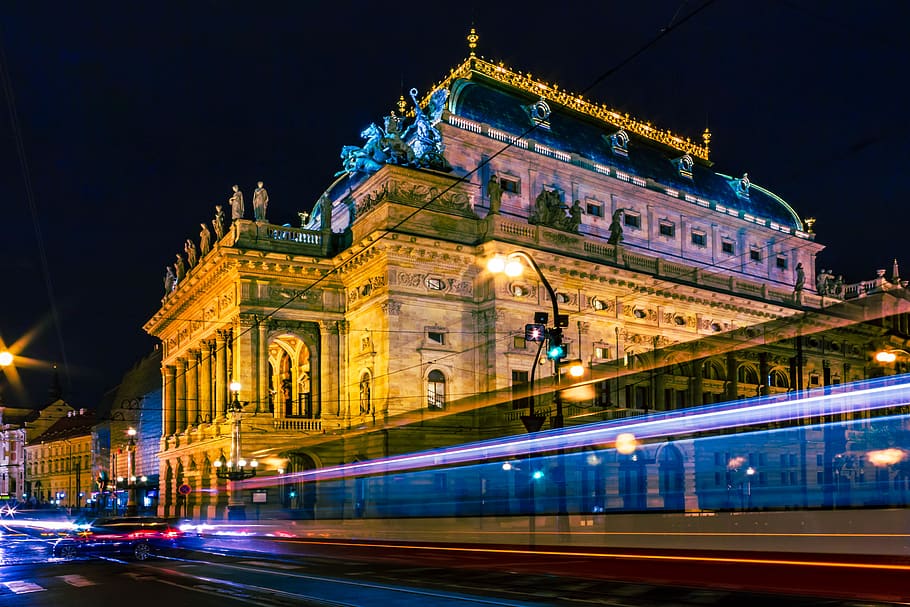 czechia, prague, national theatre, tram, bridge, city, nationaltheatre, HD wallpaper