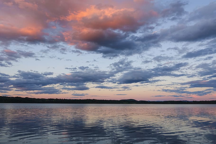 lake champlain, pink, clouds, pink clouds, sunset, twilight, HD wallpaper