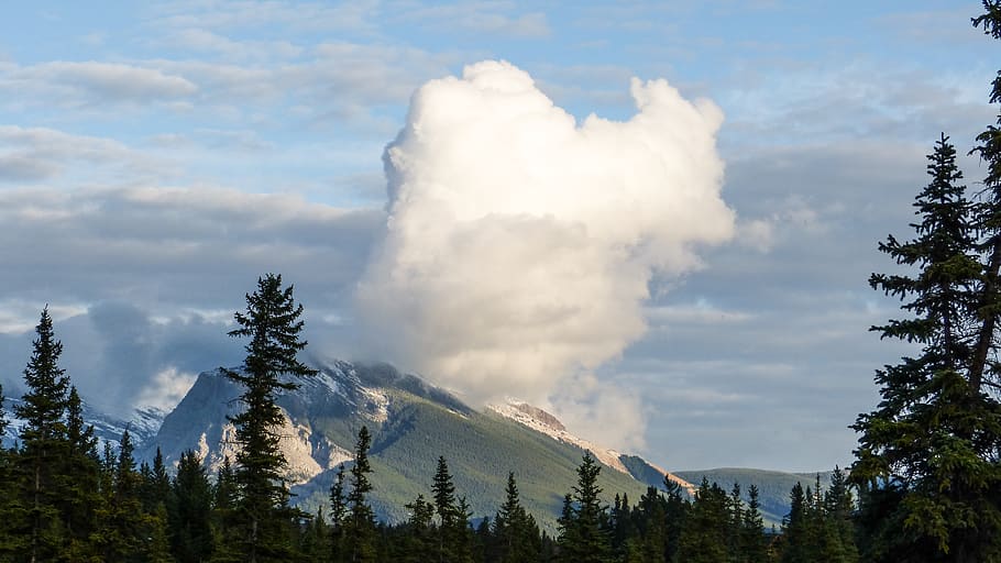 canada, canmore, cloud, clouds, sky, blue, green, mountain HD wallpaper