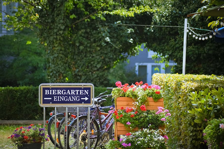 Biergarten Eingang signage, bike, bicycle, vehicle, transportation