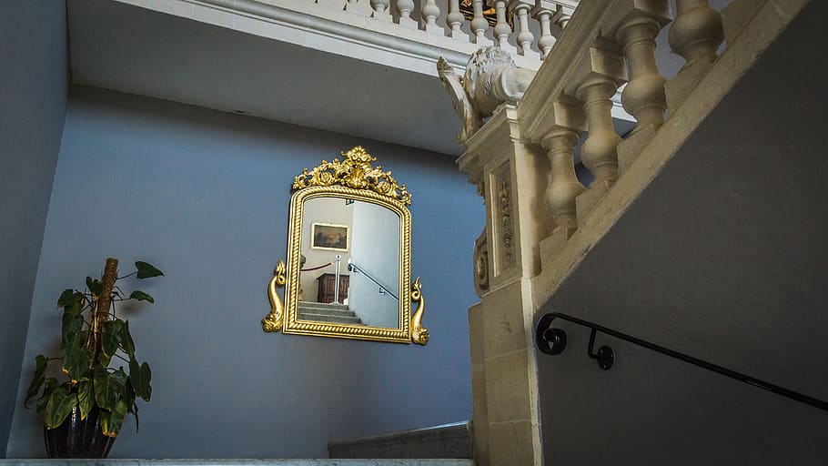 mirror, architecture, floor, stairs, manor house, malta, mdina HD wallpaper