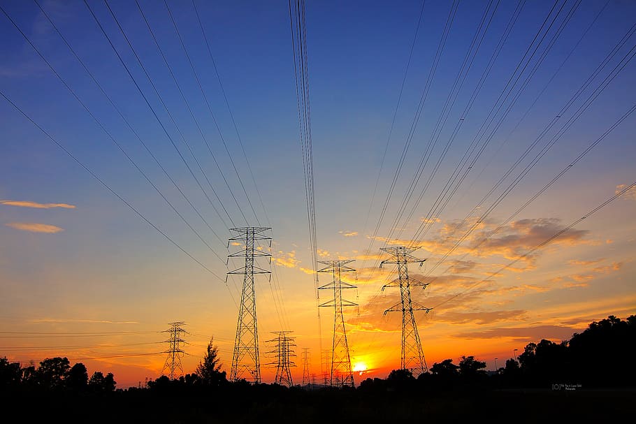 transmission, line, clouds, sky, trees, plant, sunset, dark HD wallpaper