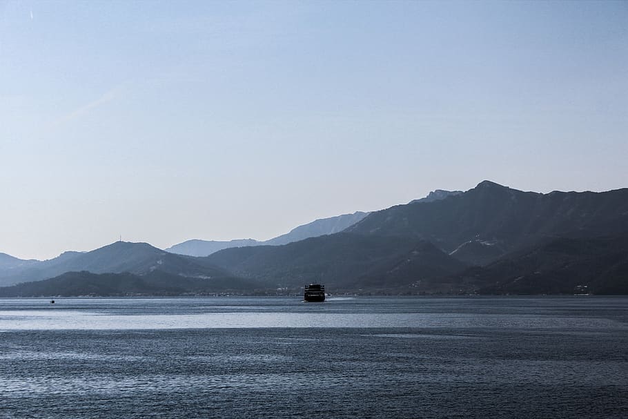 greece, thasos, bluesky, ship, mountains, sea, scenics - nature HD wallpaper