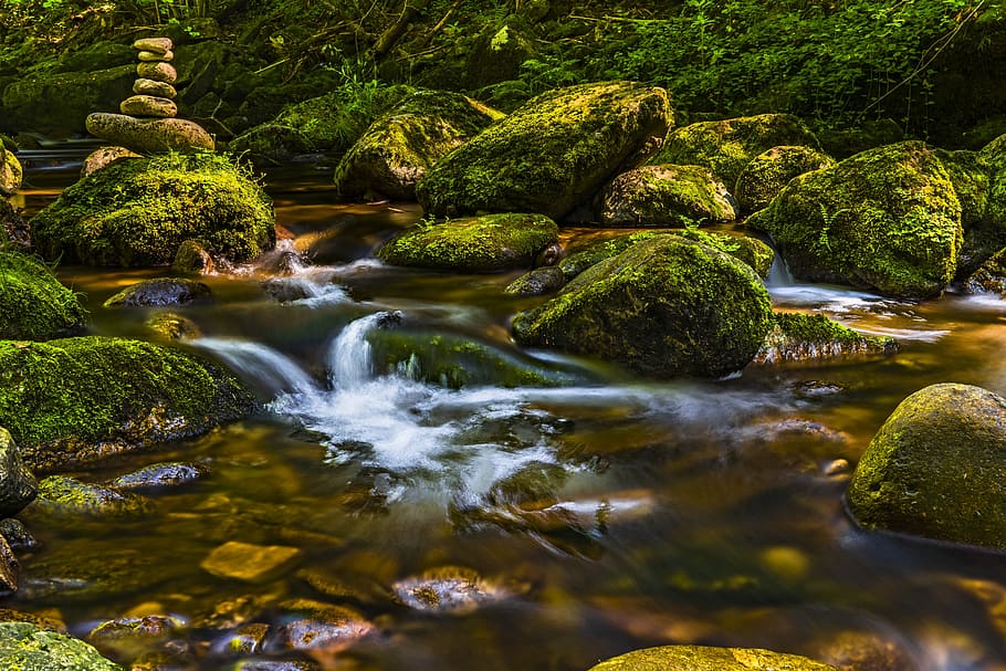 River, creek, flow, moss, nature, rock balancing, rocks, stones HD wallpaper