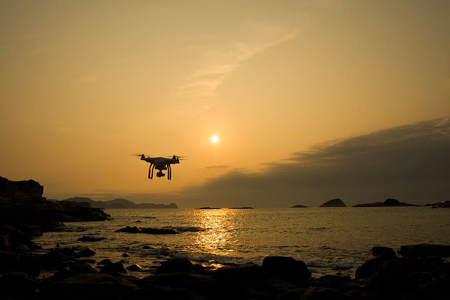 drone, flying, sunset, sunrise, sea, water, sky, orange color HD wallpaper