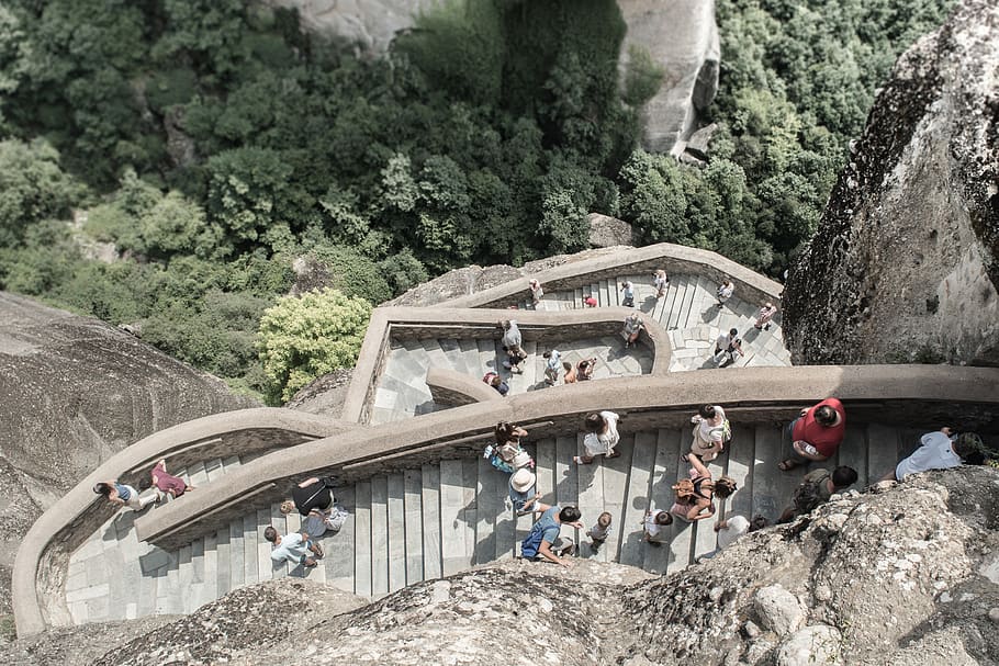 gray concrete stairs, greece, meteora, nature, grey, people, landslide HD wallpaper