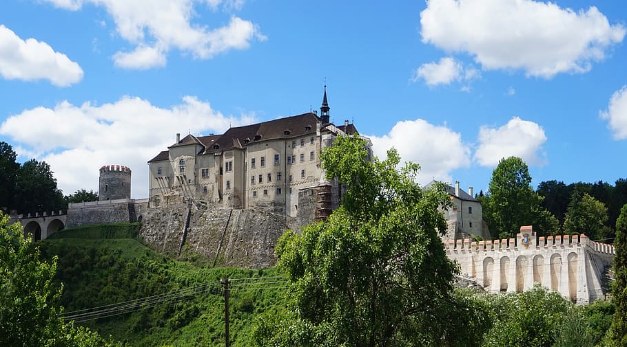 castle, rock, czechia, gothic, clouds, architecture, landscape, HD wallpaper