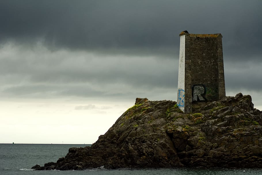 grey concrete structure under cloudy sky, beacon, france, dinard HD wallpaper