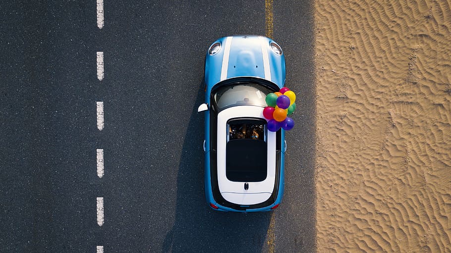 Aerial Photography of Blue Car on Road, balloons, daylight, dji HD wallpaper