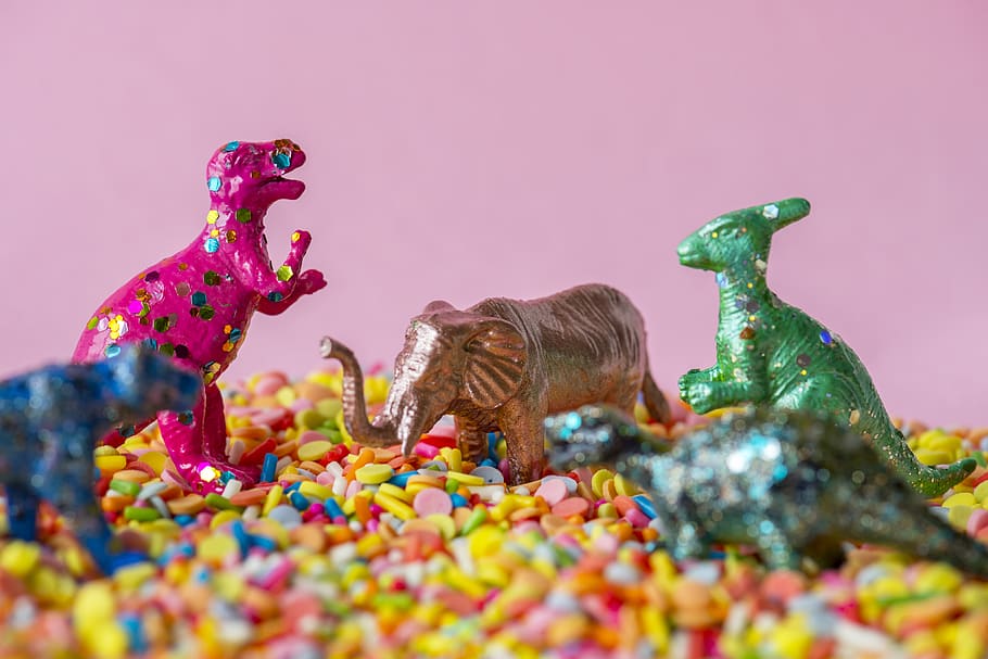 Dinosaur Toy, animals, assorted, bright, candies, close-up, colorful, HD wallpaper