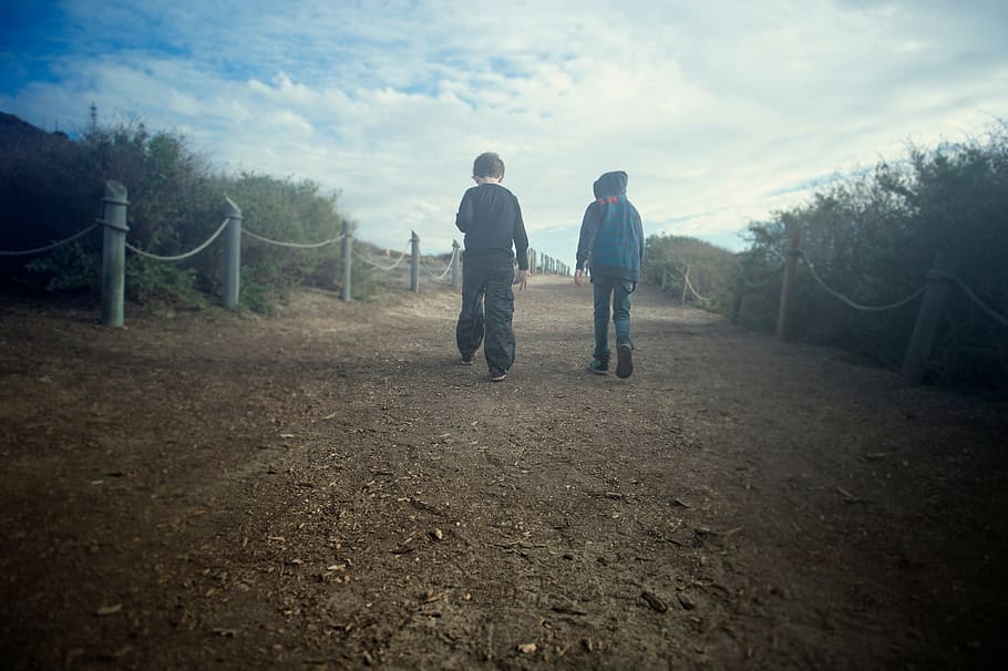 HD wallpaper: beach, cliff, walking, boy, two people, rear view ...