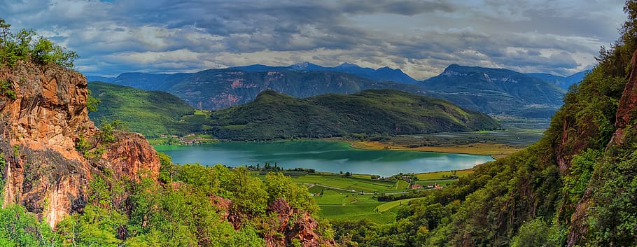 lake, mountains, clouds, nature, landscape, forest, trees, rocks HD wallpaper