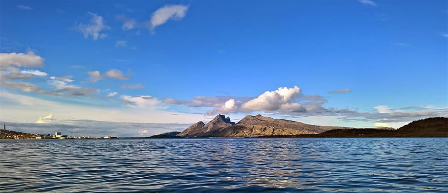 Body of Water and Mountain, beach, blue sky, clouds, daylight HD wallpaper