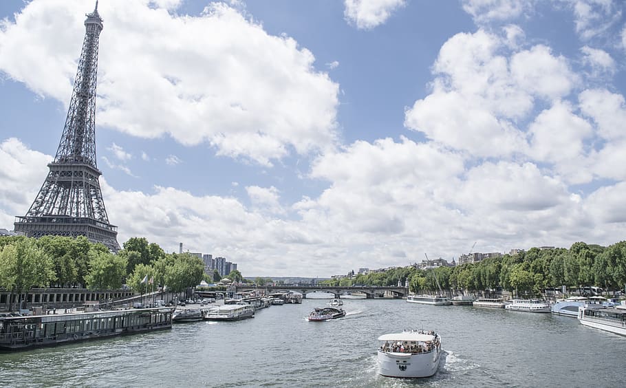 france, paris, eiffel tower, river, boats, architecture, water HD wallpaper