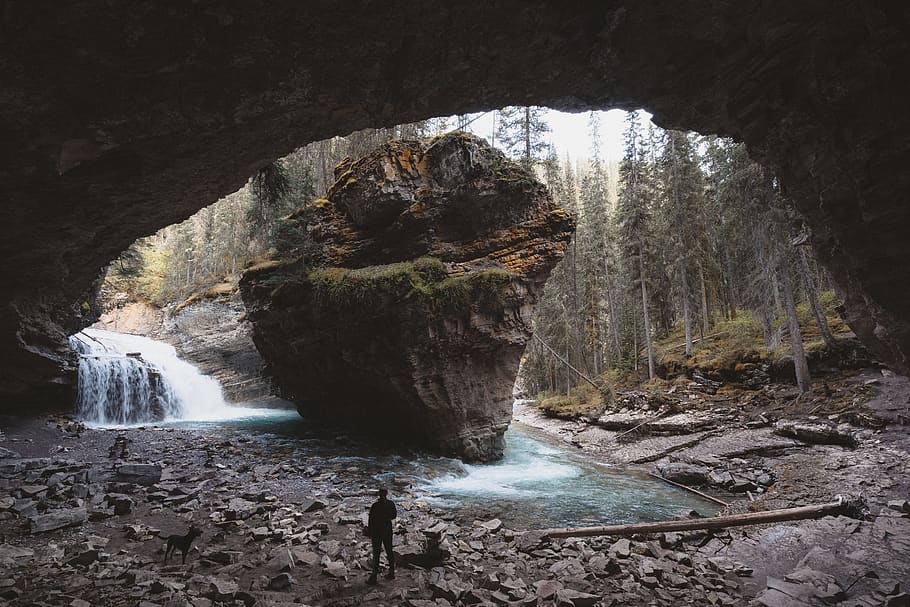 creek, river, waterfall, falls, rock, tree, trees, banff, jasper HD wallpaper