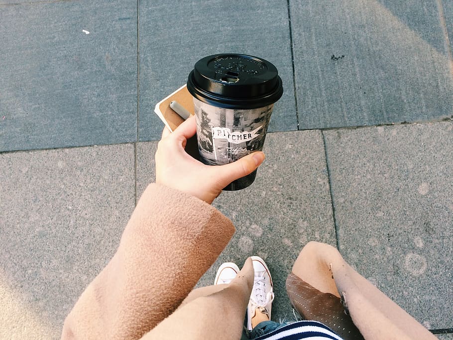 Person Holding Gray Disposable Cup, adult, coffee, color, girl