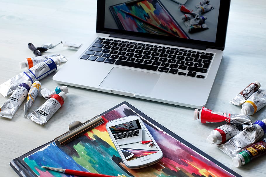 workplace, macbook, computer, digital, oil painting, technology HD wallpaper