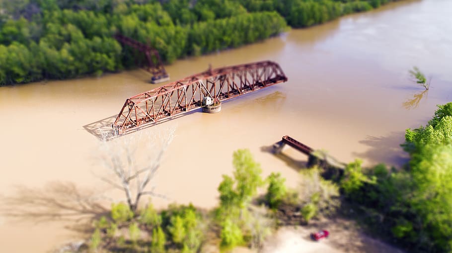 yazoo river, bridge, swing, train track, plant, tree, water, HD wallpaper